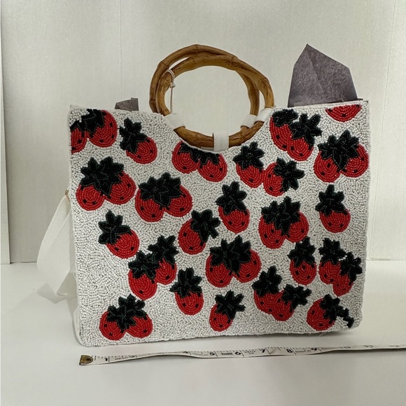NWT Sol + Mer Strawberry Beaded Viral Purse Handbag w Bamboo Handles White Strap - Picture 7 of 15